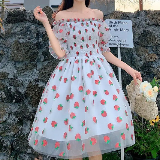 binfenxie Strawberry Dress Women French Style Lace Chiffon Sweet Dress Casual Puff Sleeve Elegant Printed Kawaii Dress Women New