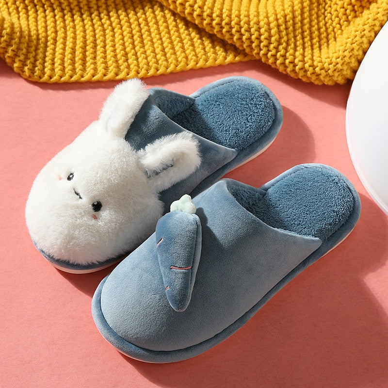 Winter House Fur Slippers Warm Cotton Shoes Cute Lovely Cartoon Rabbit Indoor Bedroom Women Men Ladies Lovers Furry Slides