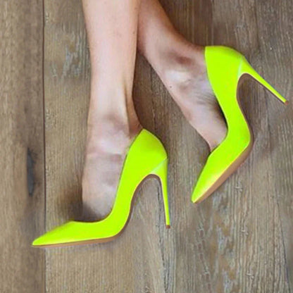 Futurecen Solid Yellow Green Patent Women Pointed Toe Stiletto Pumps Ladies Wedding Party High Heel Shoes Small Size 33 44  45