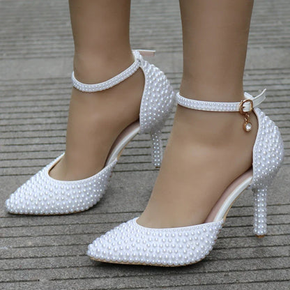 binfenxie  -   Pointed Toe White Pearl Wedding Shoes Thin Heels Shoes Bridal High Heels Shoes Female Party Ankle Strap Sandals