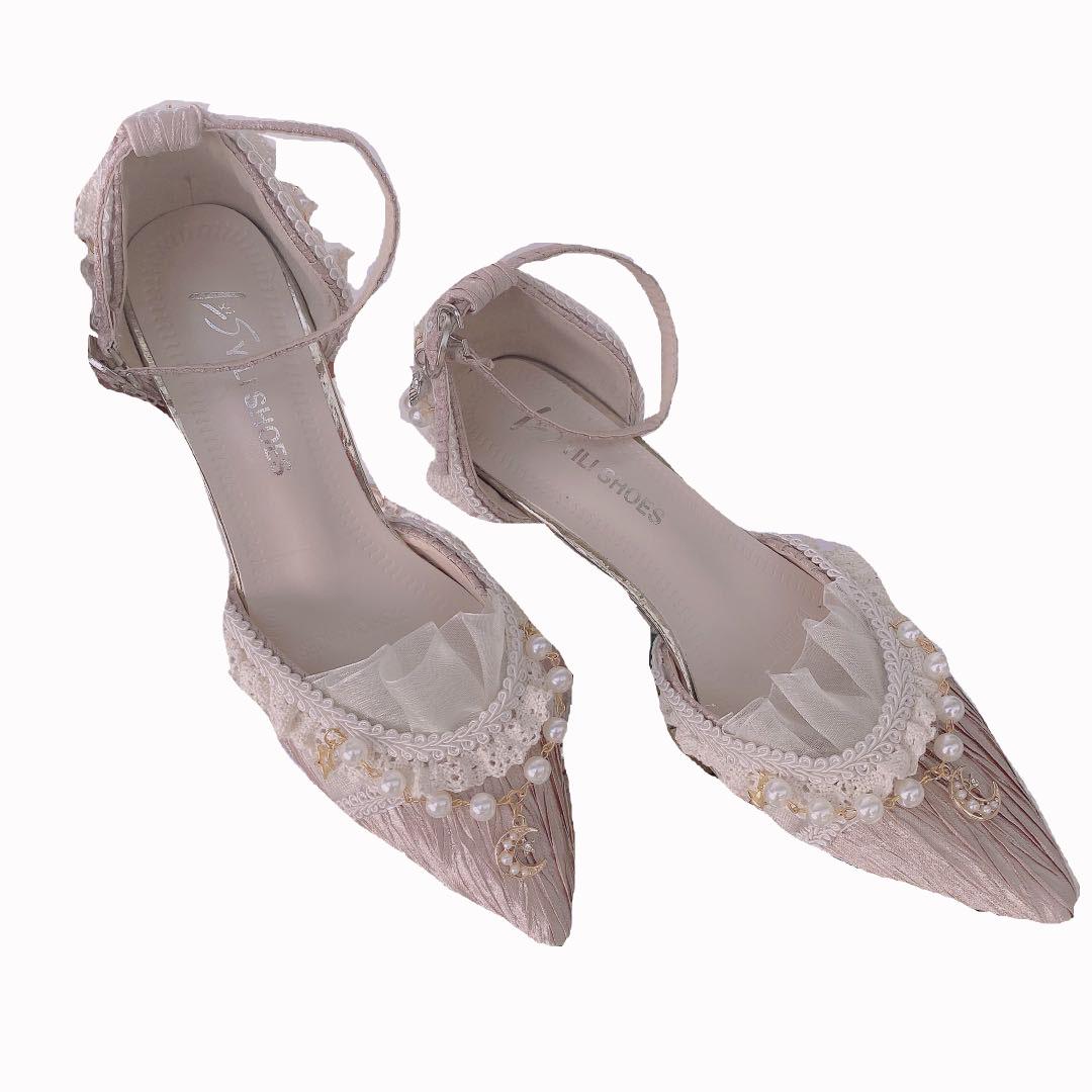 Lolita Elegance Shoe Pointed Toe High-heel 6cm Floral Wedding Pearl Star Moon Ornament Kawaii Tea Party Cosplay Anime Cute Shoes