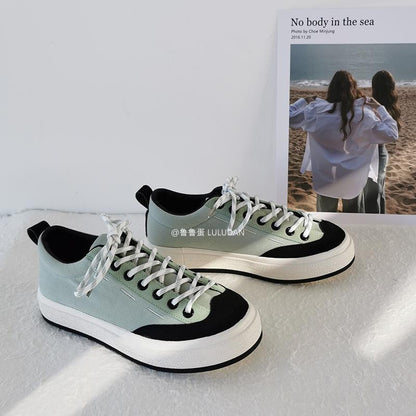 Spring New Canvas Shoes Women's Fashion Board Big Round Toe Platform Lace Up Thick Bottom Student School Girls Lolita Flats