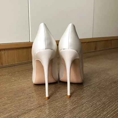 Futurecen Solid White Satin Women Pointed Toe Slip On Stiletto Pumps Elegant Wedding Party High Heel Shoes Colors Customizable