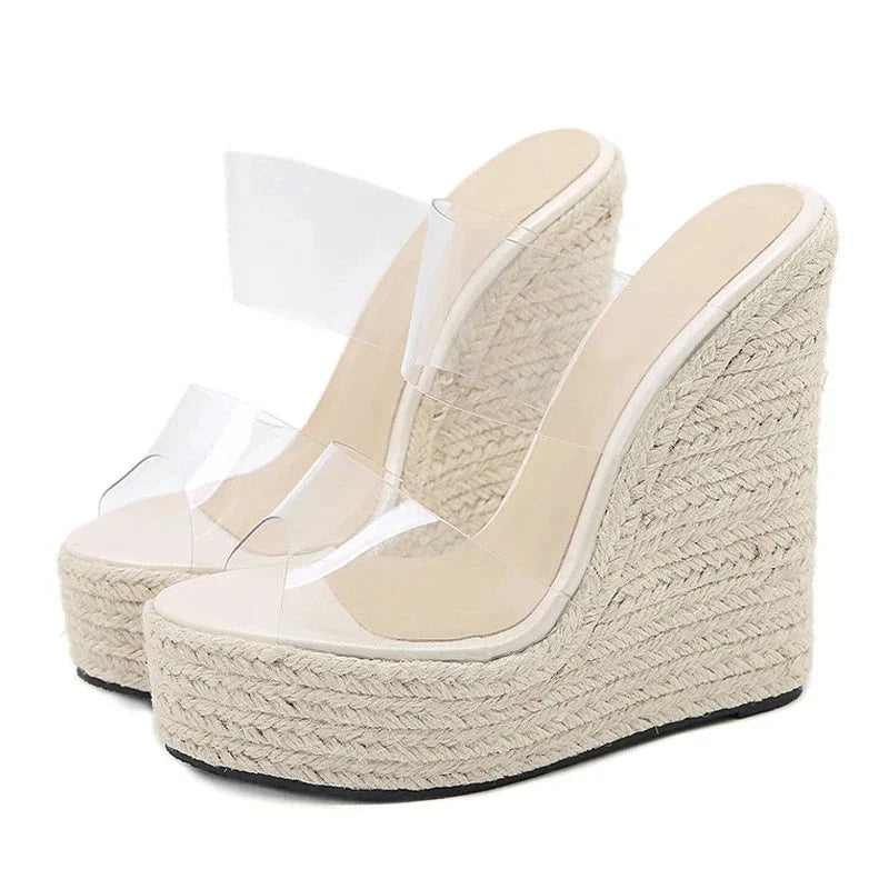 Summer PVC Transparent Peep Toe Cane Straw Weave Platform Women Wedges Slippers Sandals Fashion High Heels Female Shoes