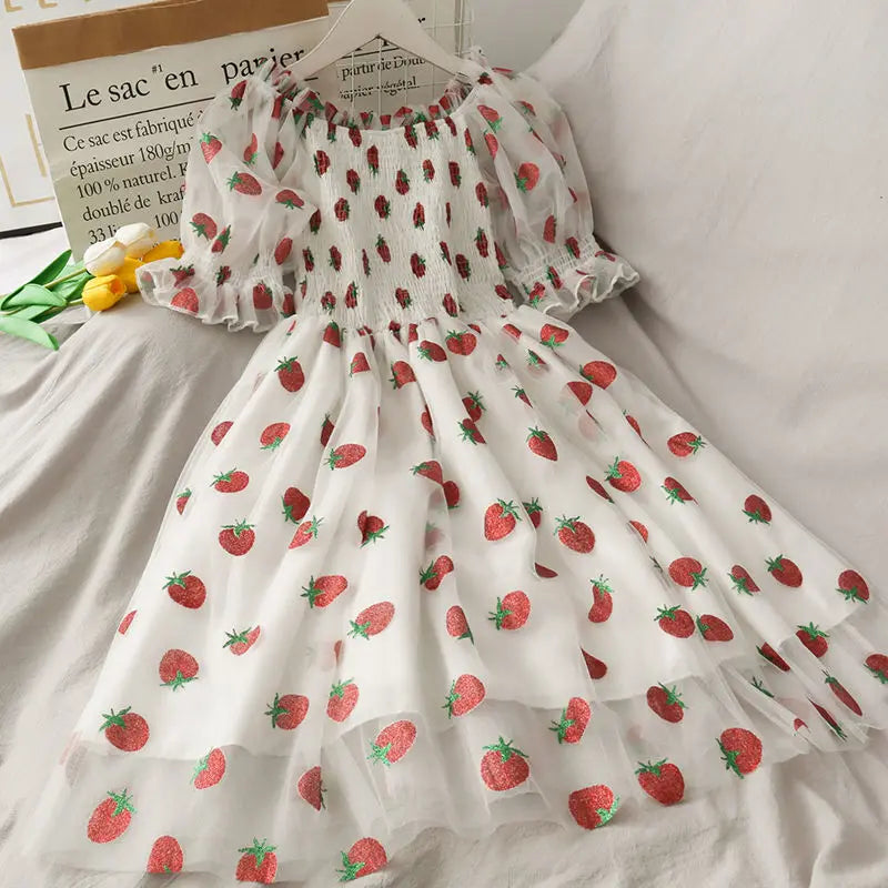 binfenxie Strawberry Dress Women French Style Lace Chiffon Sweet Dress Casual Puff Sleeve Elegant Printed Kawaii Dress Women New