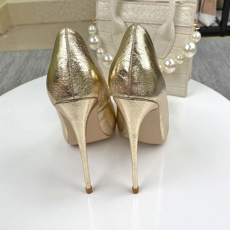 Futurecen  Glitter Gold Bow Women Pointed Toe Stiletto Pumps Ladies Slip On High Heel Wedding Dress Shoes Plus Size 33-45 8-12cm