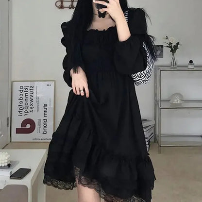 binfenxie Gothic Black Lace Ruffle Dress For Girls Princess Party Ruched Fairy Grunge Long Sleeve Dresses Woman Fashion Korean