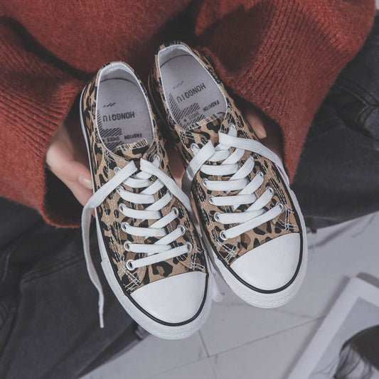 New Leopard Print High Top Canvas Shoes Harajuku Sneakers Fashion New Lace-up All-match Flat Shoes Women Classic Streetwear