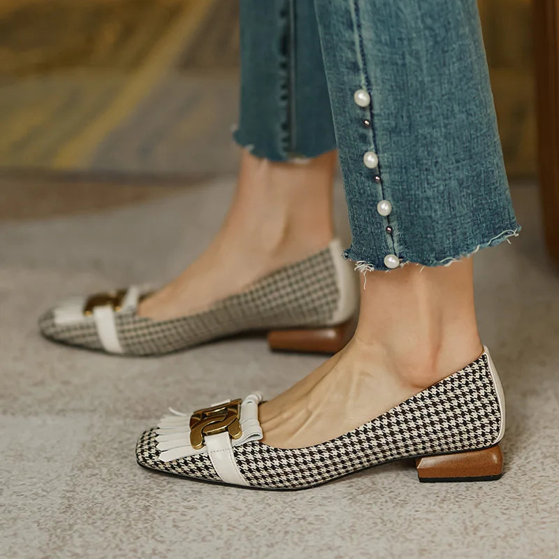 Spring Summer Fashion Women Loafers Low Heels Boat Shoes Square Toe Dress Shoes Metal Decoration High Heels Shoes Women