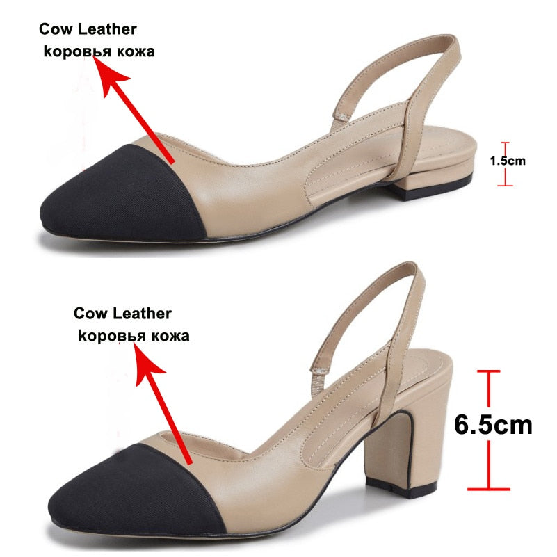 Low Heels Real Leather Slingbacks Shoes Women Square Toe Pumps Thick Heel Shoes Brand Design Lady Footwear  Size 40