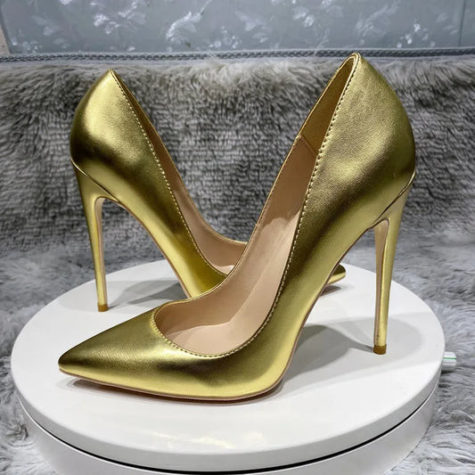 Futurecen Shiny Gold Women Sexy Stilettos High Heels Ladies Wedding Bridal Pumps Solid Color Pointed Toe Slip On Party OL Shoes