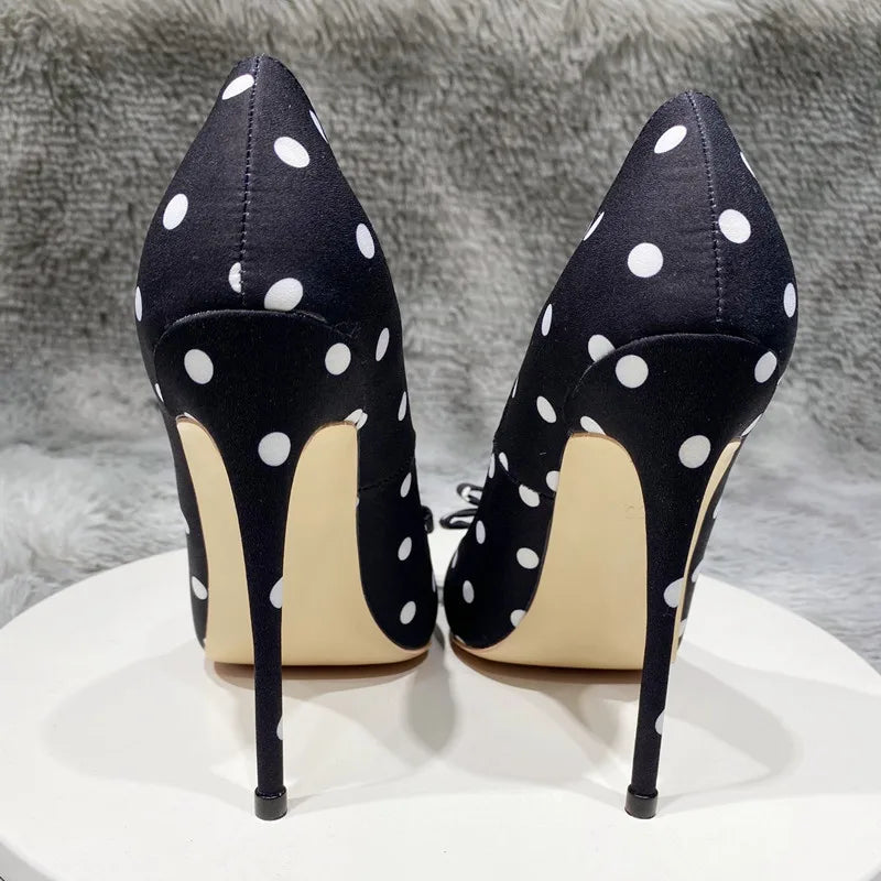 Futurecen Polka Dot Women Silk Satin Pointed Toe Stiletto High Heels Bow Knot Elegant Ladies Party Shoes 8cm 10cm 12cm Pumps Black