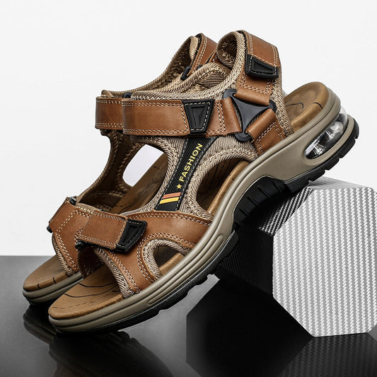 Brand  summer men's sandals leather men's first layer cowhide gladiator Roman men's beach sandals cushion soft wading shoes