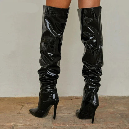 High Quality Pleated Patent Leather Motorcycle Over The Knee Boots Women Fashion Pointed Toe Zip Thigh High Lady Shoes