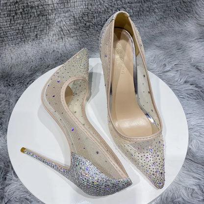 12cm Women's Mesh Rhinestone Sequined Stiletto Heels Shoes Pointed Toe Heels