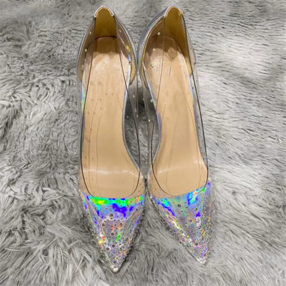 Futurecen Women Patchwork Transparent Rhinestones Pointy Toe Stiletto Pumps Goegeous Ladies Slip On High Heel Wedding Party Shoes