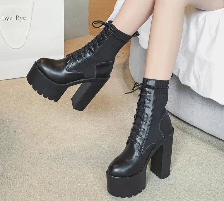 binfenxie   New Fetish Platform Boots Woman Sexy Chunky Heel Front Lace Up Sock Boots Women Ankle Boots Thick Heel Shoe Black Design