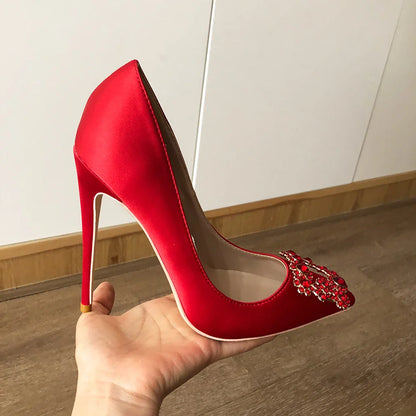 Futurecen Crystal Decor Women Red Satin Pointed Toe Stiletto Pumps 8-12cm High Heel Wedding Bridal Shoes Colors Customizable