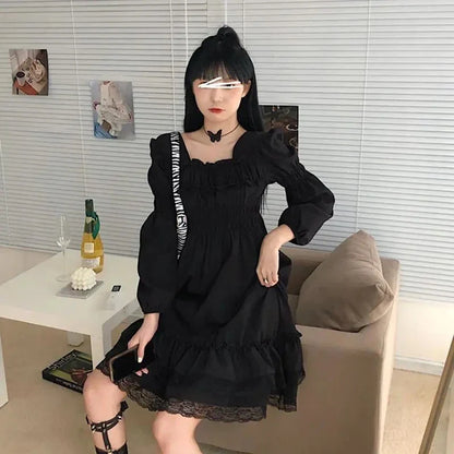 binfenxie Gothic Black Lace Ruffle Dress For Girls Princess Party Ruched Fairy Grunge Long Sleeve Dresses Woman Fashion Korean