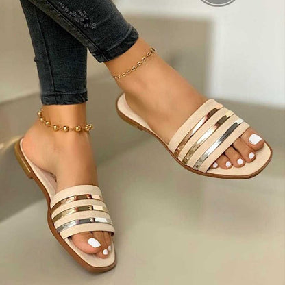 Summer Beach Flat Sandals Women PU  Fashion Comfortable Slippers Summer Lazy Outdoor Sexy Anklet Golden Wedge Sandals Ladie