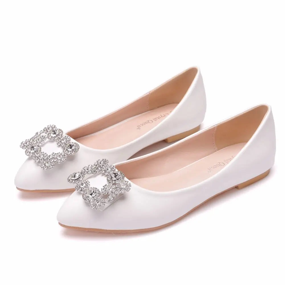 binfenxie  -   White Pointed Toe Flat Cortical Women Shoes Fashion Rhinestone Metal Decoration Flats Casual Shoes Woman Party