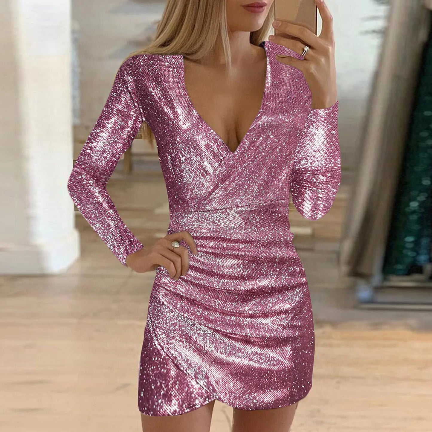 binfenxie Silver Sequins Party Dress Women Sexy Glitter Fabric V Neck Long Sleeve Dresses Slim Elegant Ladies Night Club Dress Vestidos