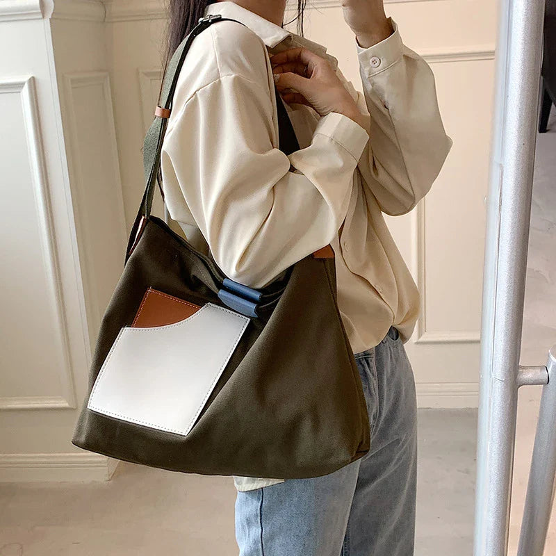 binfenxie  Large Capacity Canvas Tote Bags for Women New Contrast Color Bucket Travel Bag Simple Fashion Girl's Shopper Shoulder Totes