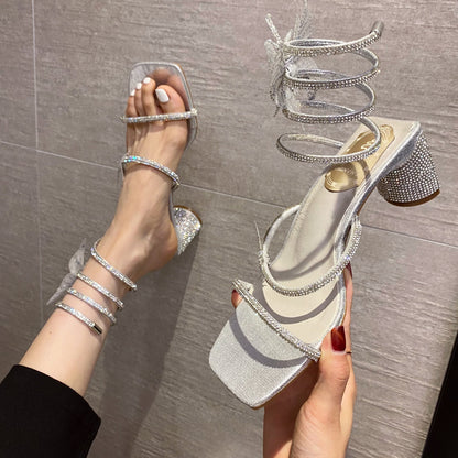 Summer Luxury Women's Sandals For Weddings Bride Shoe Golden Sandal Rhinestone Snake Wrap High Heel Birthday Party Shoes