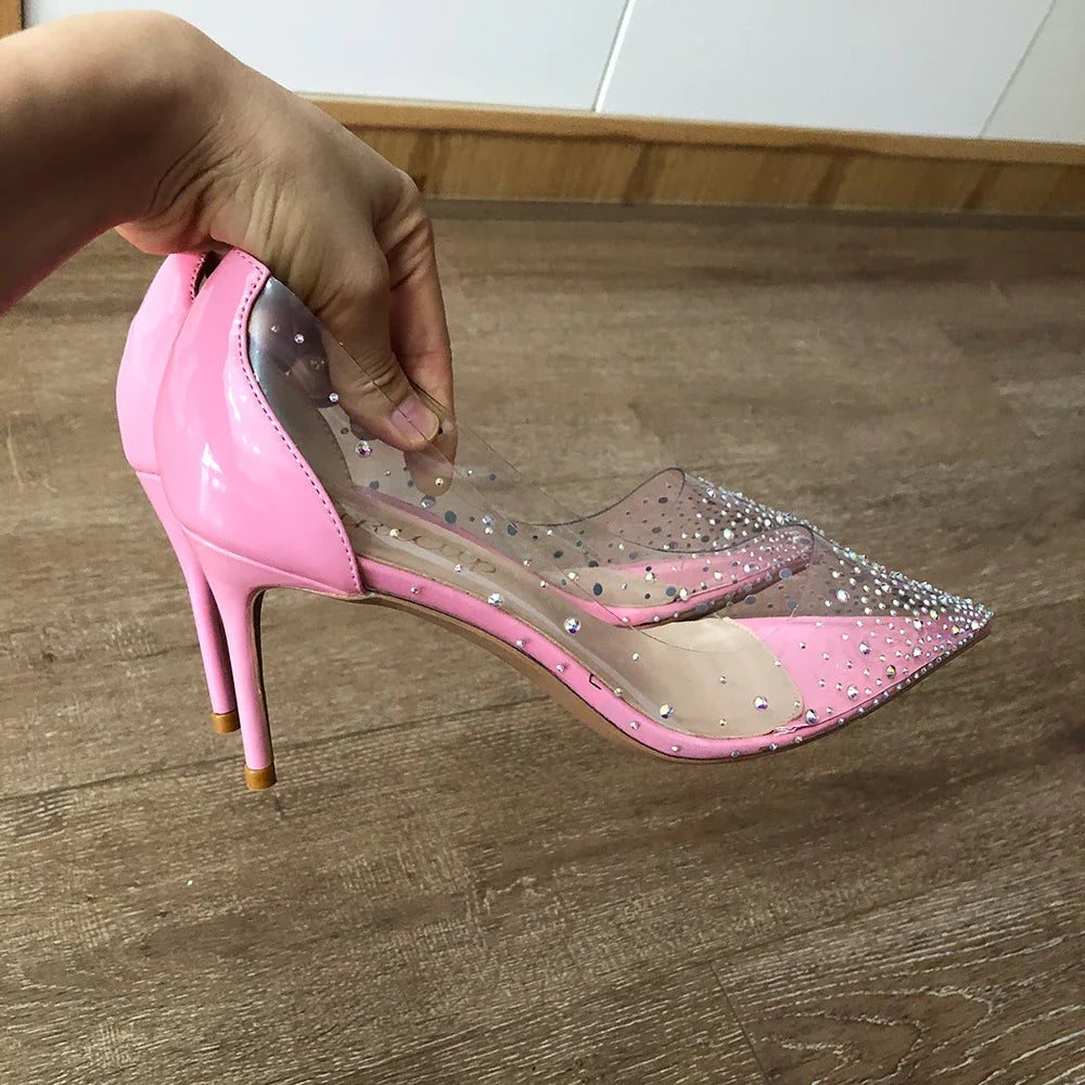 Futurecen Women Patchwork Transparent Rhinestones Pointy Toe Stiletto Pumps Goegeous Ladies Slip On High Heel Wedding Party Shoes