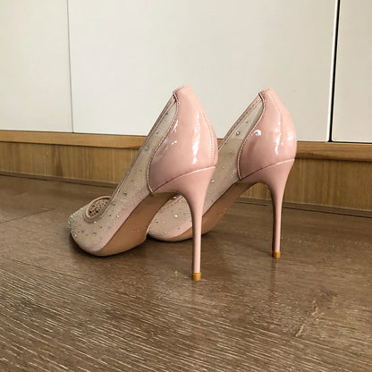 Futurecen Luxury Women Nude Gauze Rhinestones Pointed Toe Stiletto Pumps Summer Elegant Ladies Mesh High Heel Wedding Party Shoes