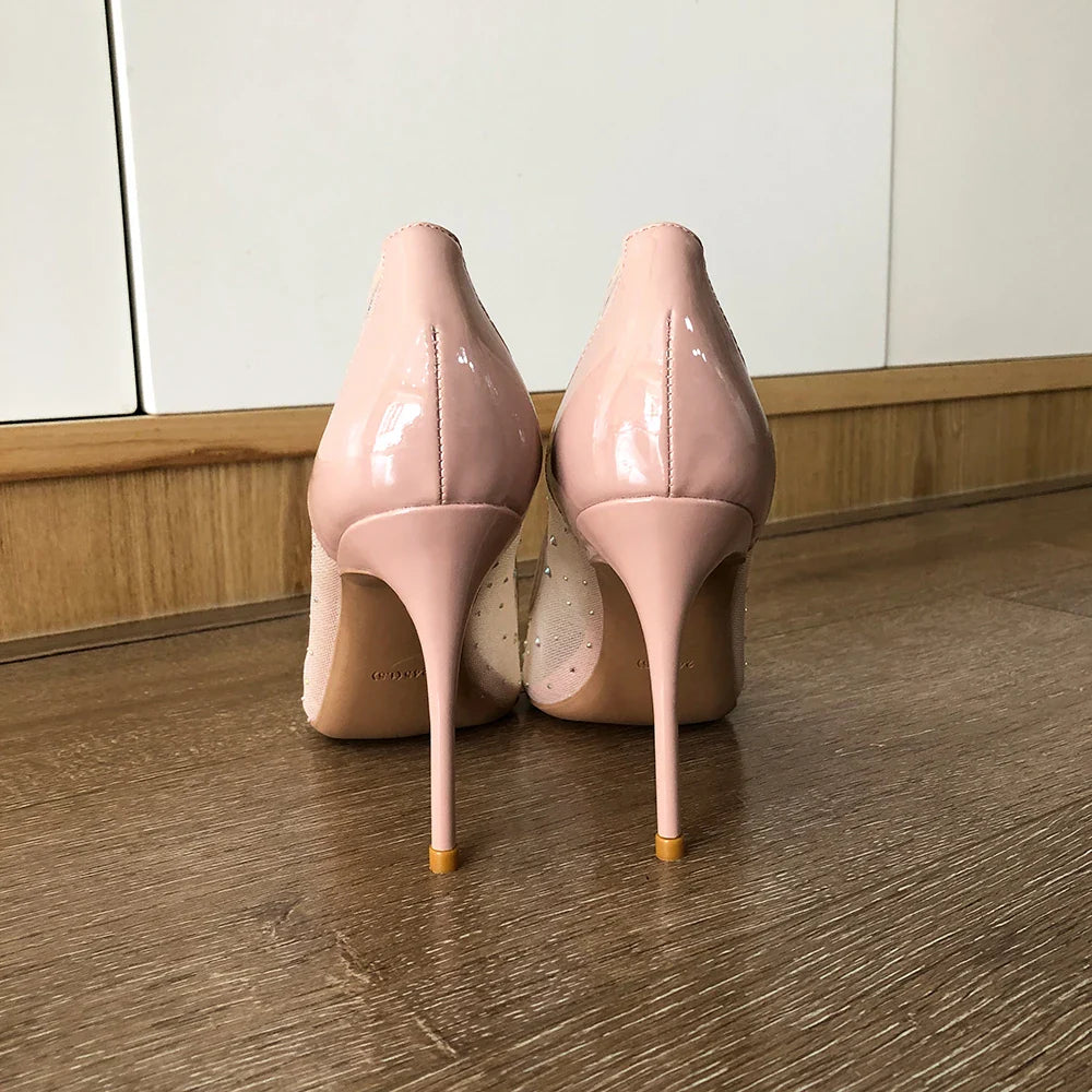 Futurecen Luxury Women Nude Gauze Rhinestones Pointed Toe Stiletto Pumps Summer Elegant Ladies Mesh High Heel Wedding Party Shoes