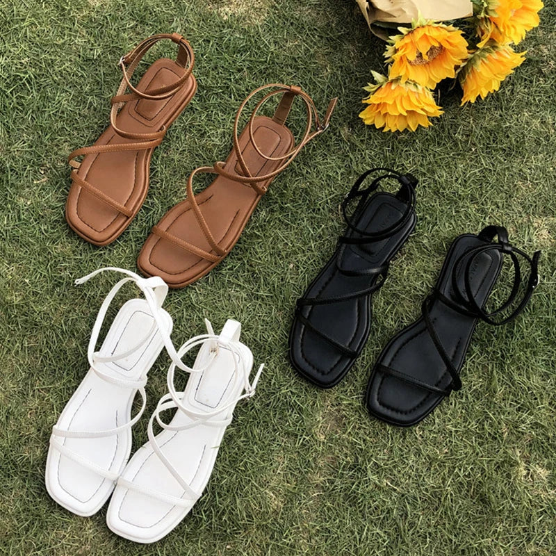 New Fashion Women Sandals Flat Heel Narrow Band Back Strap Summer Gladiator Shoes Ladies Casual Summer Beach Slides