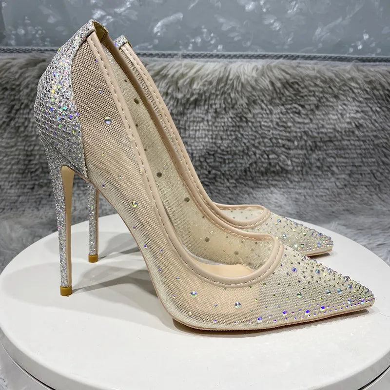 12cm Women's Mesh Rhinestone Sequined Stiletto Heels Shoes Pointed Toe Heels