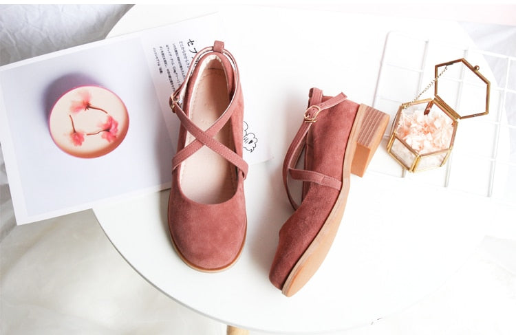 Women's Shoes Japanese Retro Mary Jane Literature Soft Girl Student Buckle Mid Heel 3cm Gentle Wind Fairy Ballet Genuine Leather