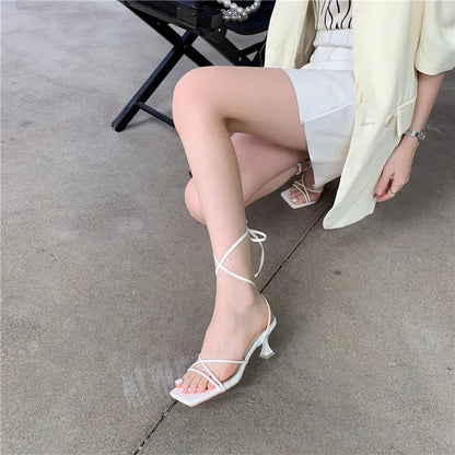 Fashion Gold Silver Sandals Thin Low Heel Lace Up Rome Summer Gladiator Women Casual Narrow Band Shoes