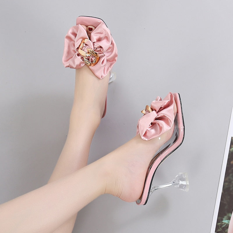 Transparent Slippers For Women  Summer Fashion Pink Butterfly-knot Designer Sandals Clear Heels Size 46 Female Shoes