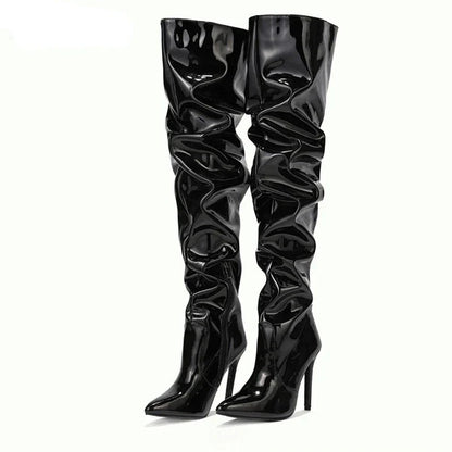 High Quality Pleated Patent Leather Motorcycle Over The Knee Boots Women Fashion Pointed Toe Zip Thigh High Lady Shoes