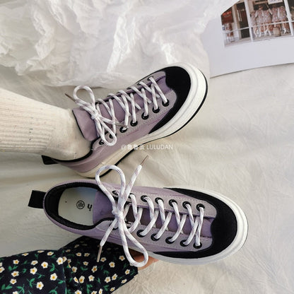 Spring New Canvas Shoes Women's Fashion Board Big Round Toe Platform Lace Up Thick Bottom Student School Girls Lolita Flats