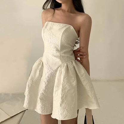 Women Summer Harajuku Strapless Dress Solid Casual A-Line High Waist Loose Printing Mini Slash Neck Short Dresses Female