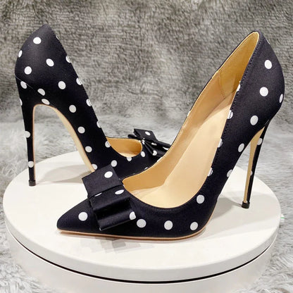 Futurecen Polka Dot Women Silk Satin Pointed Toe Stiletto High Heels Bow Knot Elegant Ladies Party Shoes 8cm 10cm 12cm Pumps Black