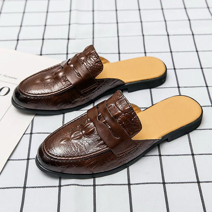 Summer Men Shoes Men Half Slippers High Quality Men Crocodile pattern Leather Casual Shoes Loafers Flip Flops Lightweight Flats