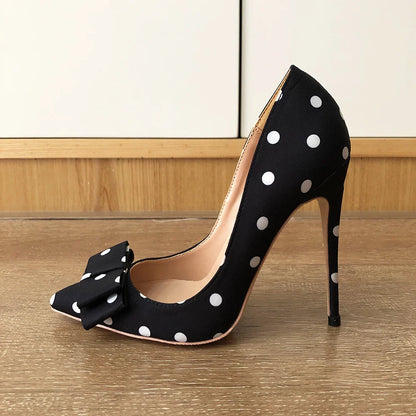 Futurecen Polka Dot Women Silk Satin Pointed Toe Stiletto High Heels Bow Knot Elegant Ladies Party Shoes 8cm 10cm 12cm Pumps Black