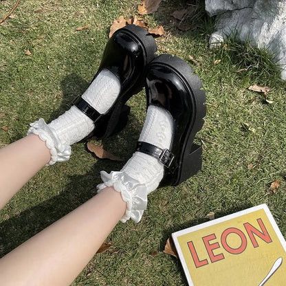 Women Japanese Lolita Shoes Vintage Soft High Heels Platform Shoes Woman Patent Leather Ankle Strap Mary Jane Shoes Black