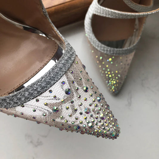 Futurecen Glitter Silver Sequins Women Gauze Pointy Toe Cross Strap Stiletto Pumps Sexy Ladies High Heel Party Wedding Bride Shoes