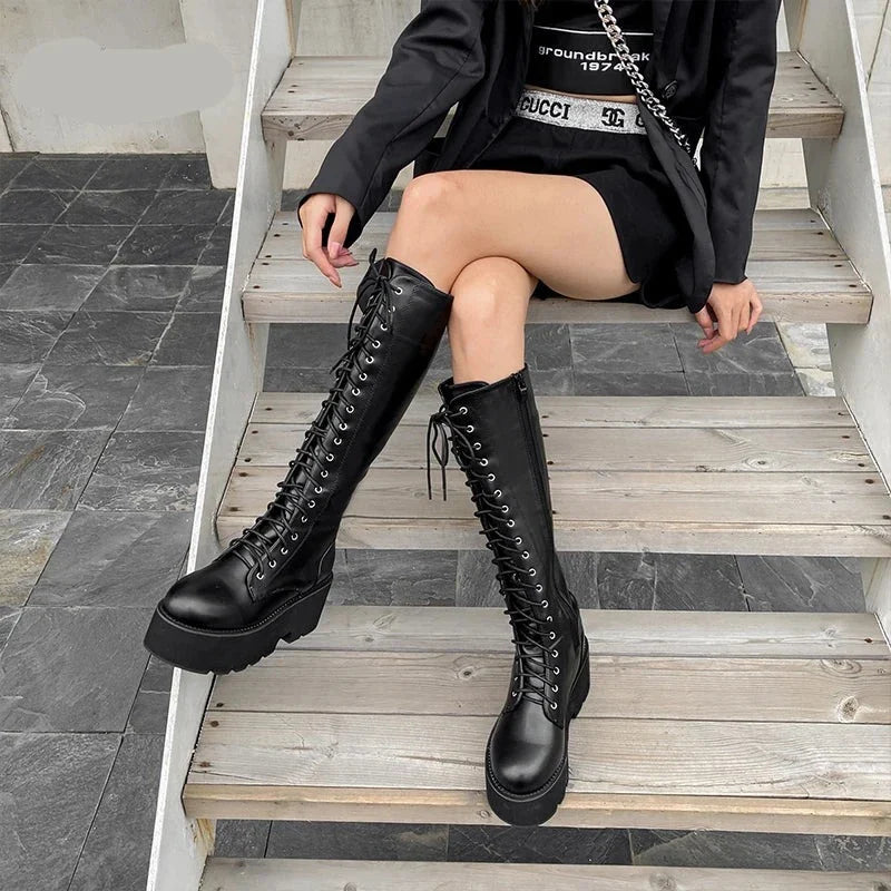 binfenxie   Chunky Platform Heels Pu Leather Knee High Boots Women Retro Punk Long Boots Woman Lace Up Booties  New Fall