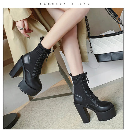 binfenxie   New Fetish Platform Boots Woman Sexy Chunky Heel Front Lace Up Sock Boots Women Ankle Boots Thick Heel Shoe Black Design