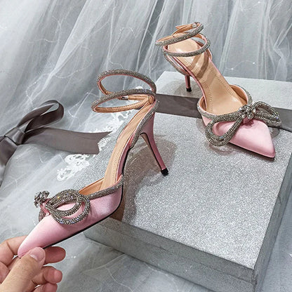 New Fashion Glitter Rhinestones Women Pumps Crystal Bowknot Silk Pointed Toe Buckle Strap Thin High Heels Party Prom Shoes