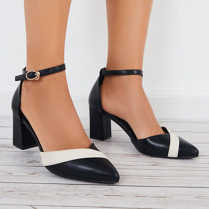 Women Mary Jane Pumps Pointed Toe Ankle Strap Buckle Chunky Block Heels