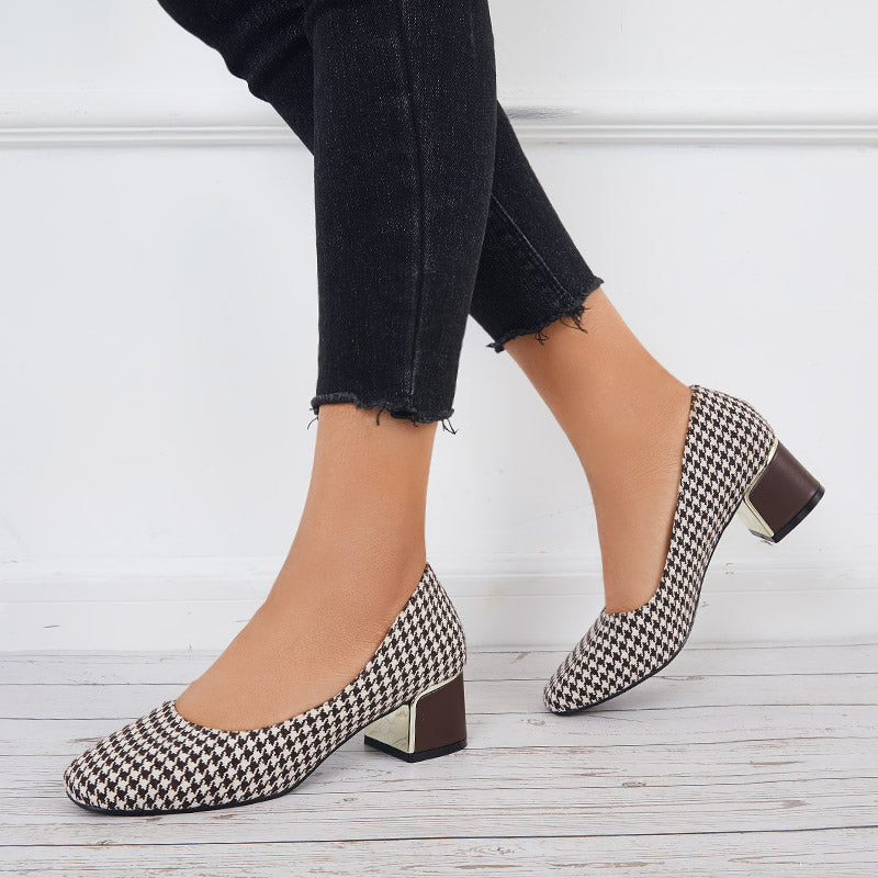 Plaid Chunky Block Low Heel Pumps Square Toe Office Shoes