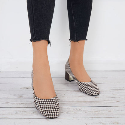 Plaid Chunky Block Low Heel Pumps Square Toe Office Shoes